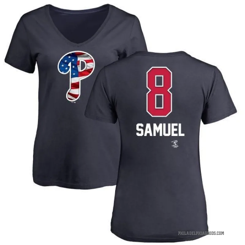 Juan Samuel Women's Navy Philadelphia Phillies Name and Number Banner Wave V-Neck T-Shirt -
