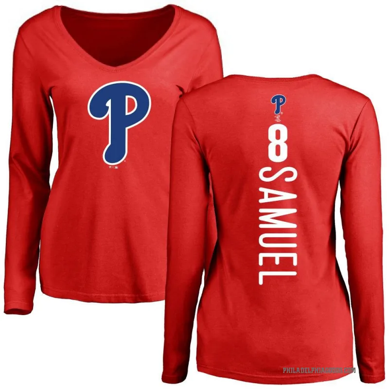 Juan Samuel Women's Red Philadelphia Phillies Backer Slim Fit Long Sleeve T-Shirt -