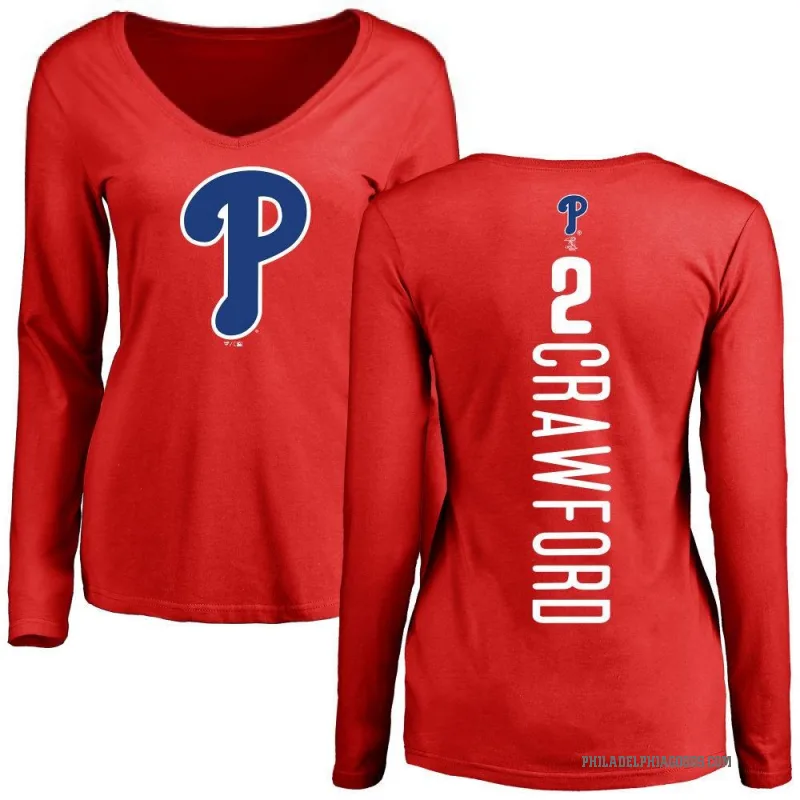 Justin Crawford Women's Red Philadelphia Phillies Backer Slim Fit Long Sleeve T-Shirt -